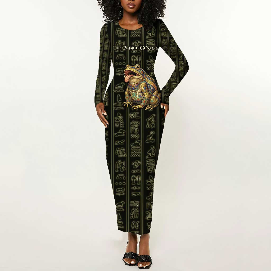 Heqet Ornate Frog Egyptian Long Sleeve Bodycon Dress with Hieroglyphic Backdrop in Creation Theme