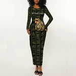 Heqet Ornate Frog Egyptian Long Sleeve Bodycon Dress with Hieroglyphic Backdrop in Creation Theme