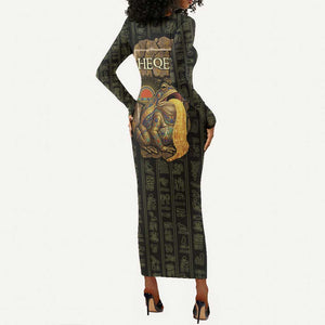 Heqet Ornate Frog Egyptian Long Sleeve Bodycon Dress with Hieroglyphic Backdrop in Creation Theme