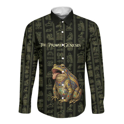 Heqet Ornate Frog Egyptian Long Sleeve Button Shirt with Hieroglyphic Backdrop in Creation Theme