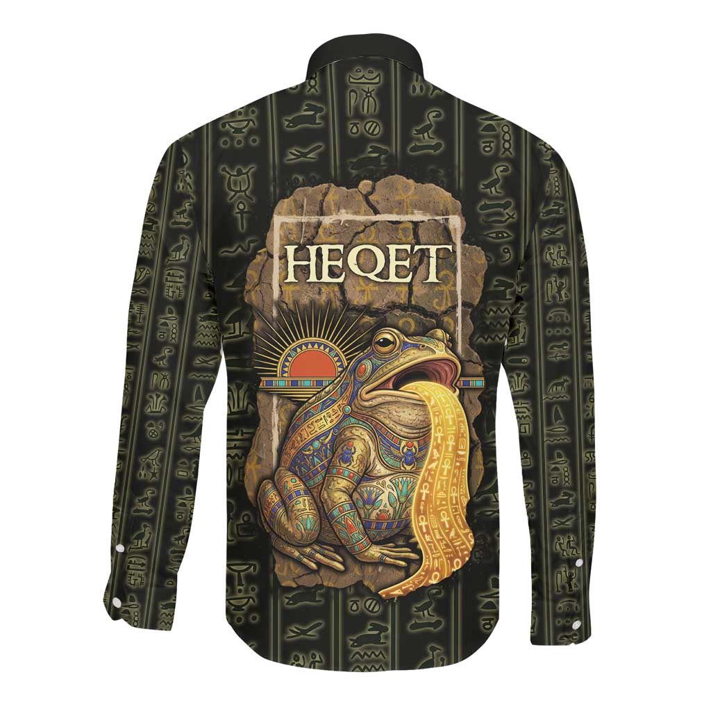 Heqet Ornate Frog Egyptian Long Sleeve Button Shirt with Hieroglyphic Backdrop in Creation Theme