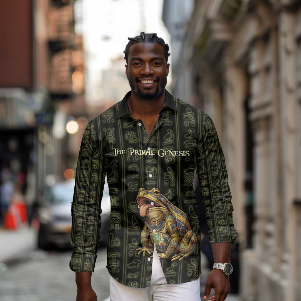 Heqet Ornate Frog Egyptian Long Sleeve Button Shirt with Hieroglyphic Backdrop in Creation Theme