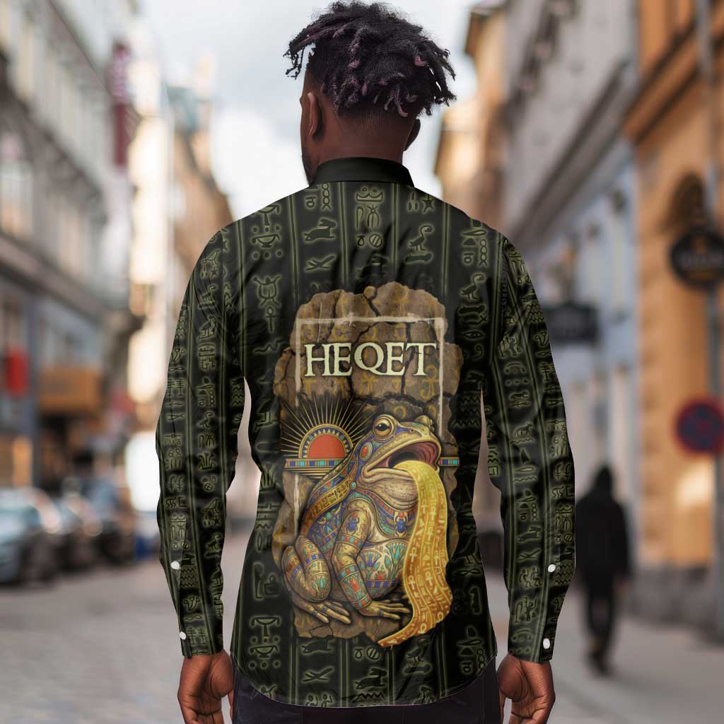 Heqet Ornate Frog Egyptian Long Sleeve Button Shirt with Hieroglyphic Backdrop in Creation Theme