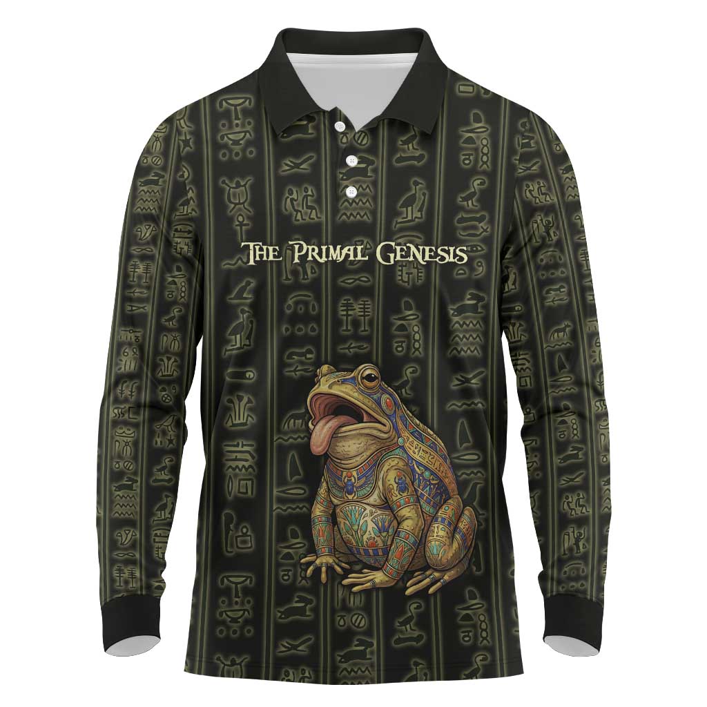 Heqet Ornate Frog Egyptian Long Sleeve Polo Shirt with Hieroglyphic Backdrop in Creation Theme