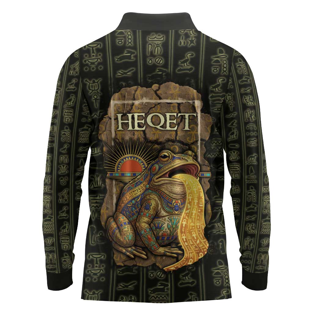 Heqet Ornate Frog Egyptian Long Sleeve Polo Shirt with Hieroglyphic Backdrop in Creation Theme