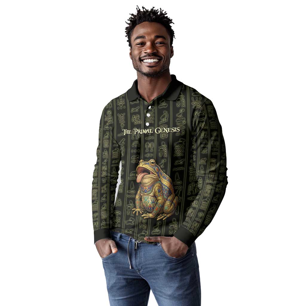 Heqet Ornate Frog Egyptian Long Sleeve Polo Shirt with Hieroglyphic Backdrop in Creation Theme