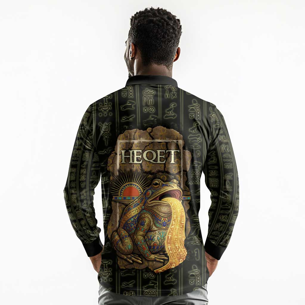 Heqet Ornate Frog Egyptian Long Sleeve Polo Shirt with Hieroglyphic Backdrop in Creation Theme