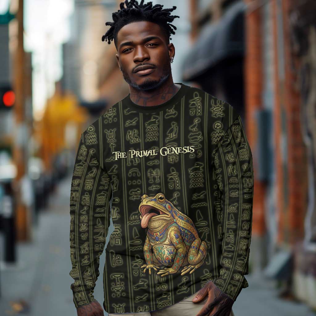 Heqet Ornate Frog Egyptian Long Sleeve Shirt with Hieroglyphic Backdrop in Creation Theme