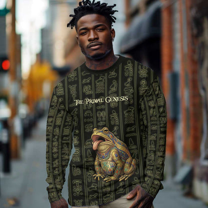 Heqet Ornate Frog Egyptian Long Sleeve Shirt with Hieroglyphic Backdrop in Creation Theme