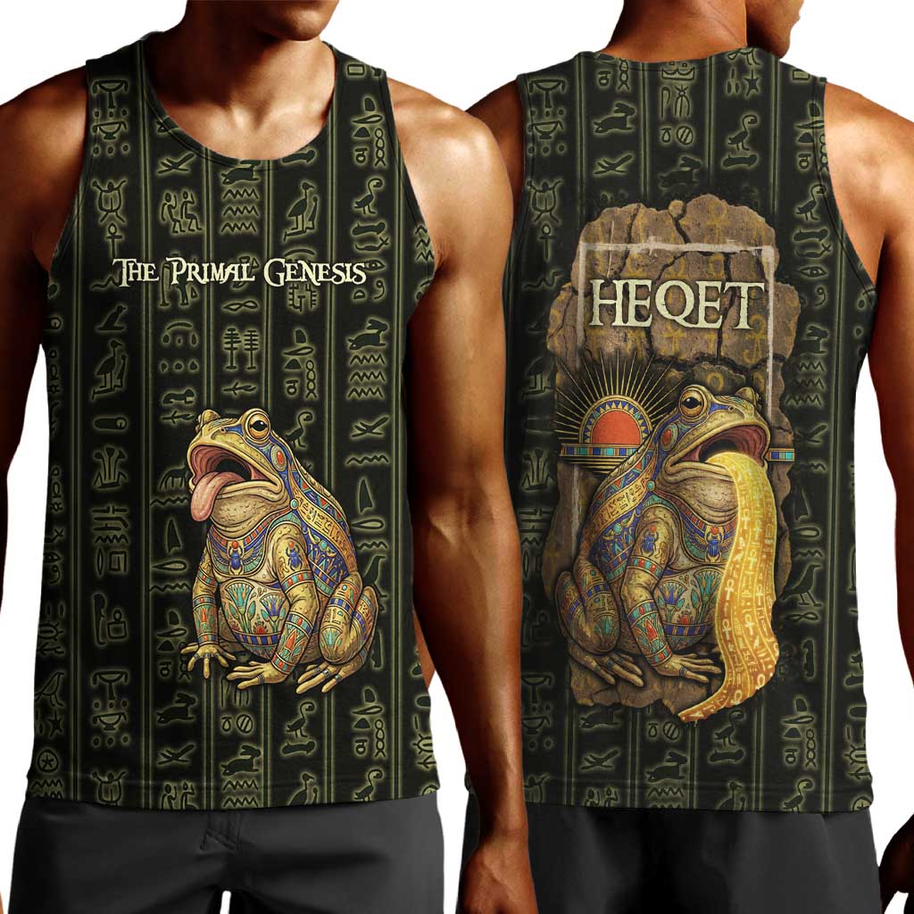 Heqet Ornate Frog Egyptian Men Tank Top with Hieroglyphic Backdrop in Creation Theme