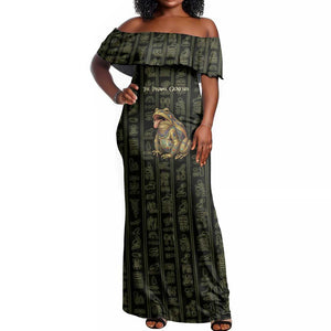 Heqet Ornate Frog Egyptian Off Shoulder Maxi Dress with Hieroglyphic Backdrop in Creation Theme
