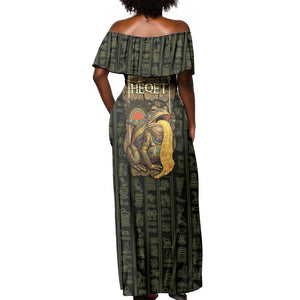 Heqet Ornate Frog Egyptian Off Shoulder Maxi Dress with Hieroglyphic Backdrop in Creation Theme