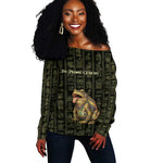 Heqet Ornate Frog Egyptian Off Shoulder Sweater with Hieroglyphic Backdrop in Creation Theme