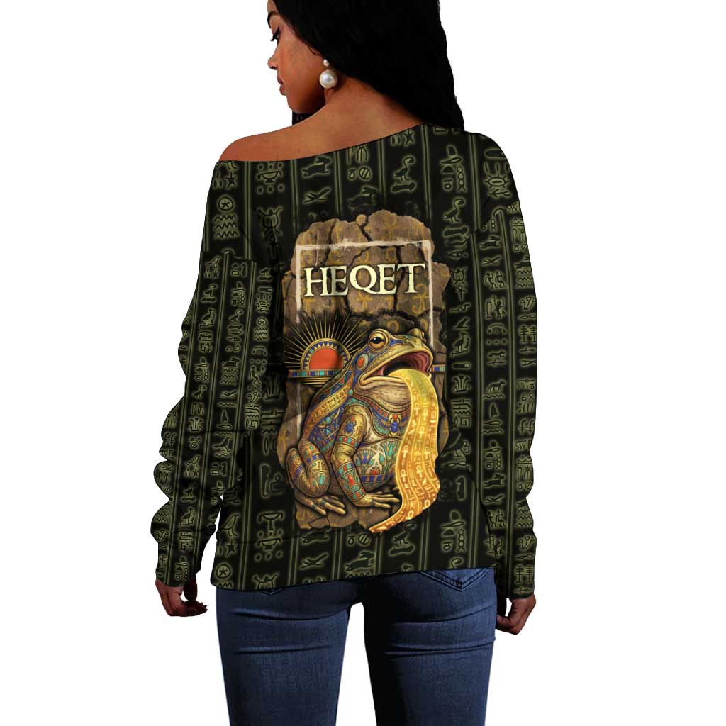 Heqet Ornate Frog Egyptian Off Shoulder Sweater with Hieroglyphic Backdrop in Creation Theme