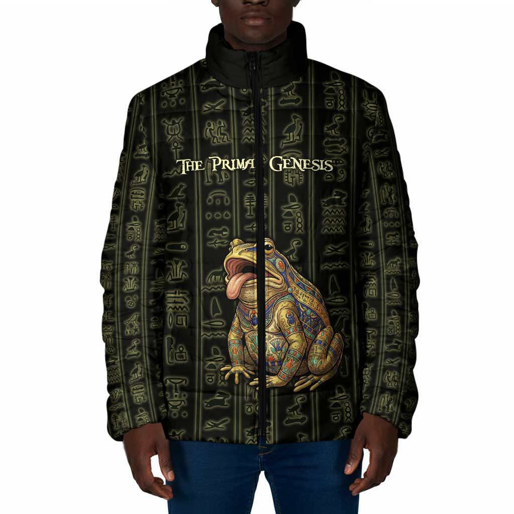 Heqet Ornate Frog Egyptian Padded Jacket with Hieroglyphic Backdrop in Creation Theme