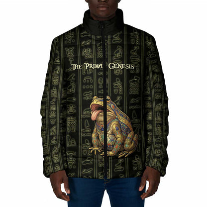 Heqet Ornate Frog Egyptian Padded Jacket with Hieroglyphic Backdrop in Creation Theme