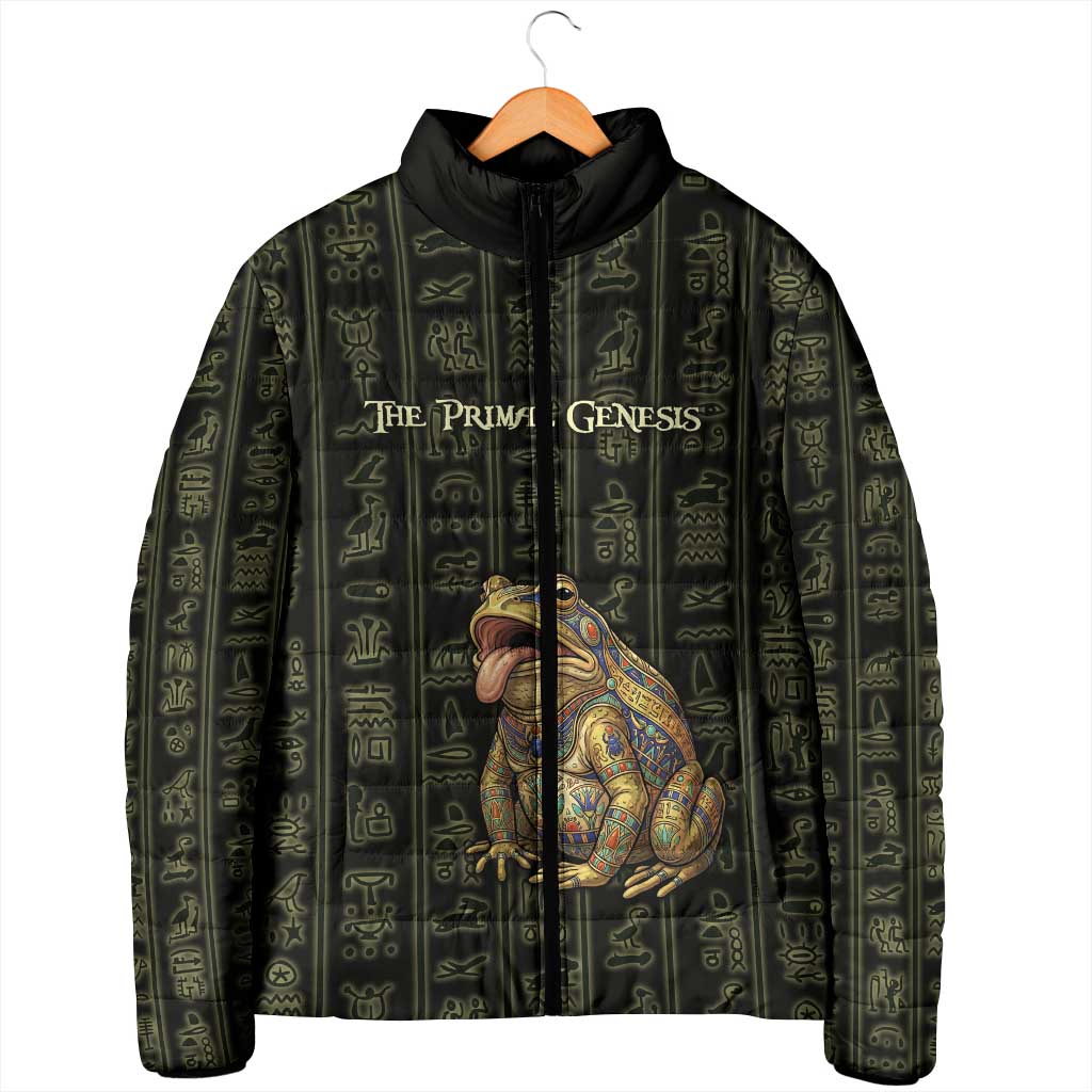 Heqet Ornate Frog Egyptian Padded Jacket with Hieroglyphic Backdrop in Creation Theme