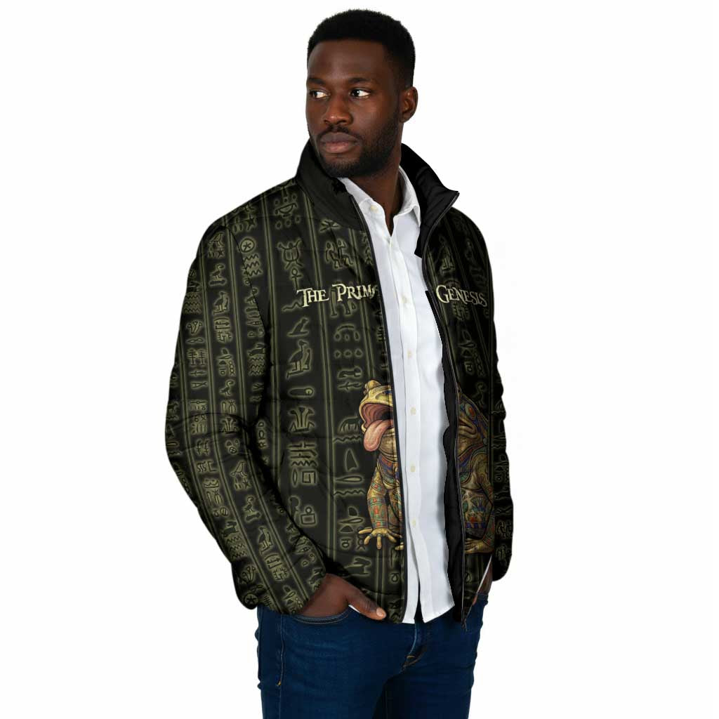 Heqet Ornate Frog Egyptian Padded Jacket with Hieroglyphic Backdrop in Creation Theme