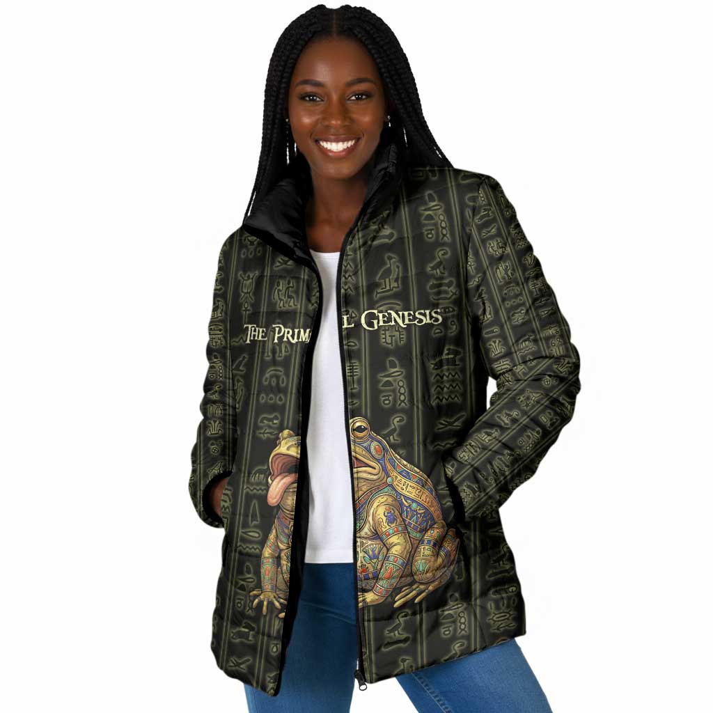 Heqet Ornate Frog Egyptian Padded Jacket with Hieroglyphic Backdrop in Creation Theme