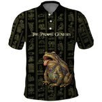 Heqet Ornate Frog Egyptian Polo Shirt with Hieroglyphic Backdrop in Creation Theme