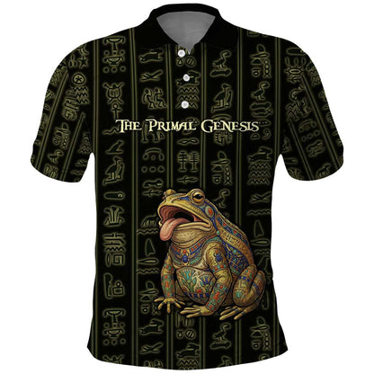 Heqet Ornate Frog Egyptian Polo Shirt with Hieroglyphic Backdrop in Creation Theme