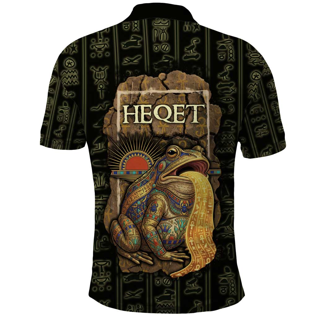 Heqet Ornate Frog Egyptian Polo Shirt with Hieroglyphic Backdrop in Creation Theme