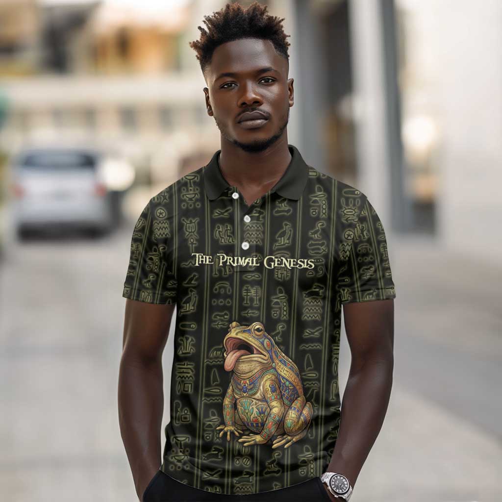 Heqet Ornate Frog Egyptian Polo Shirt with Hieroglyphic Backdrop in Creation Theme