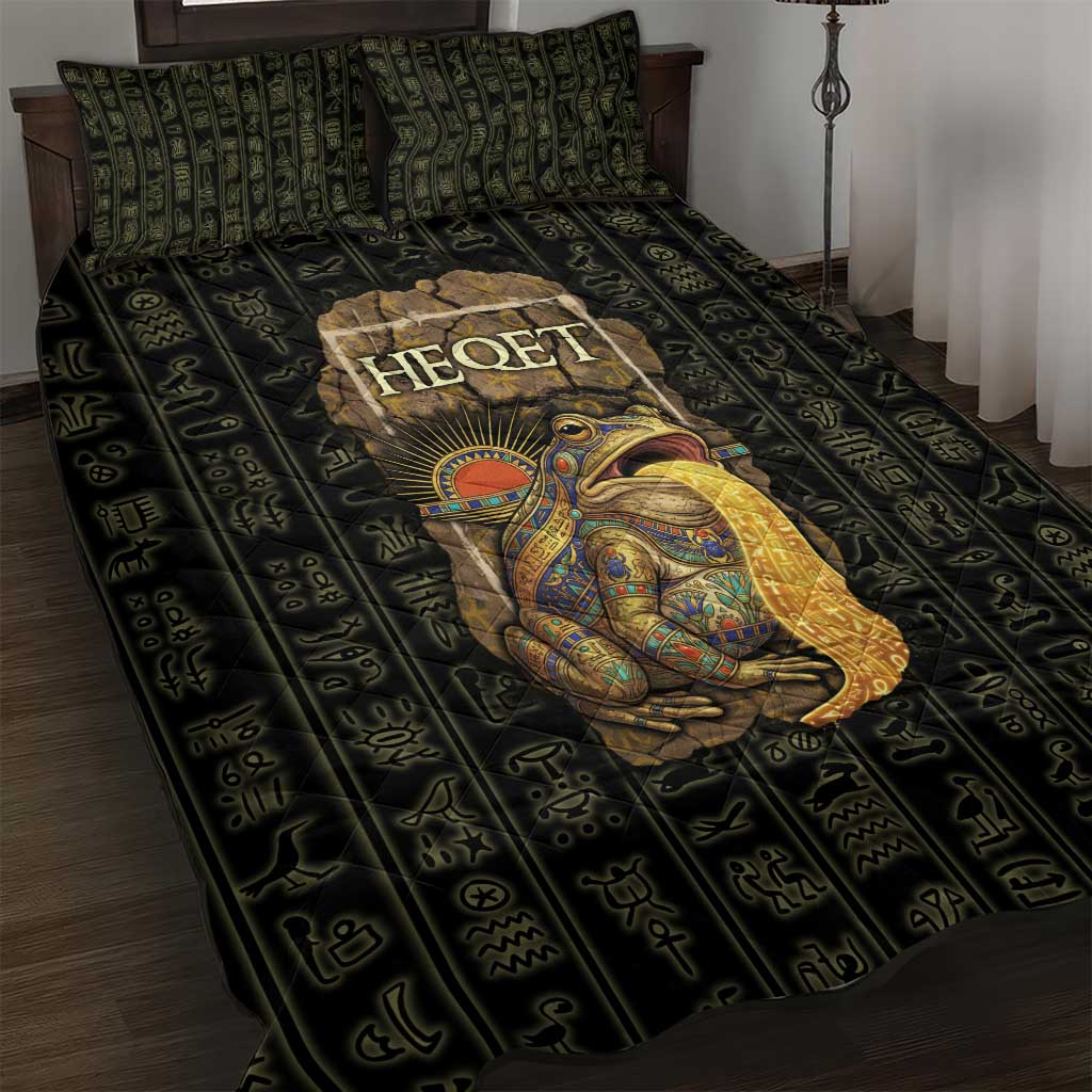 Heqet Ornate Frog Egyptian Quilt Bed Set with Hieroglyphic Backdrop in Creation Theme