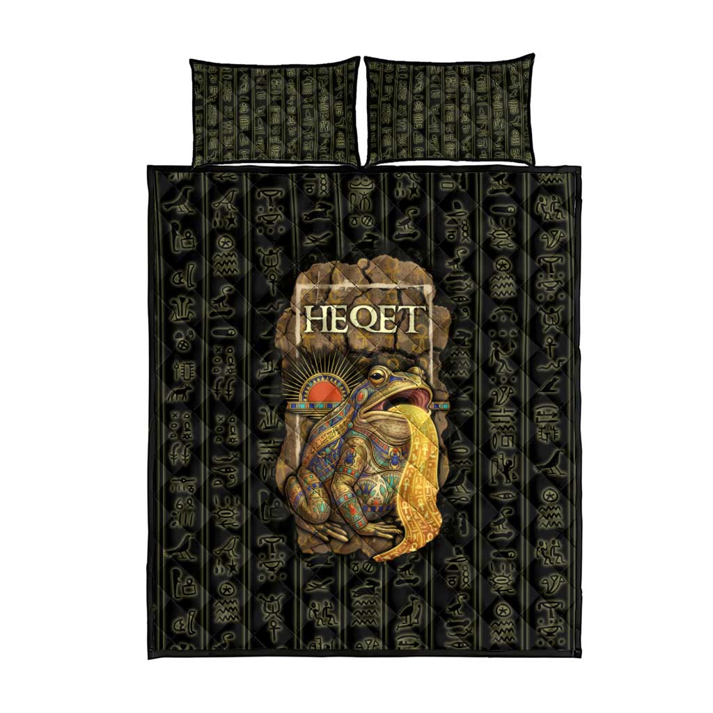 Heqet Ornate Frog Egyptian Quilt Bed Set with Hieroglyphic Backdrop in Creation Theme