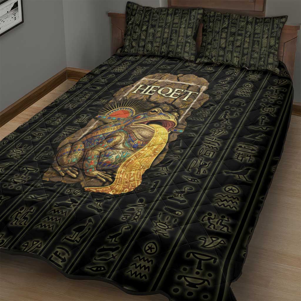 Heqet Ornate Frog Egyptian Quilt Bed Set with Hieroglyphic Backdrop in Creation Theme