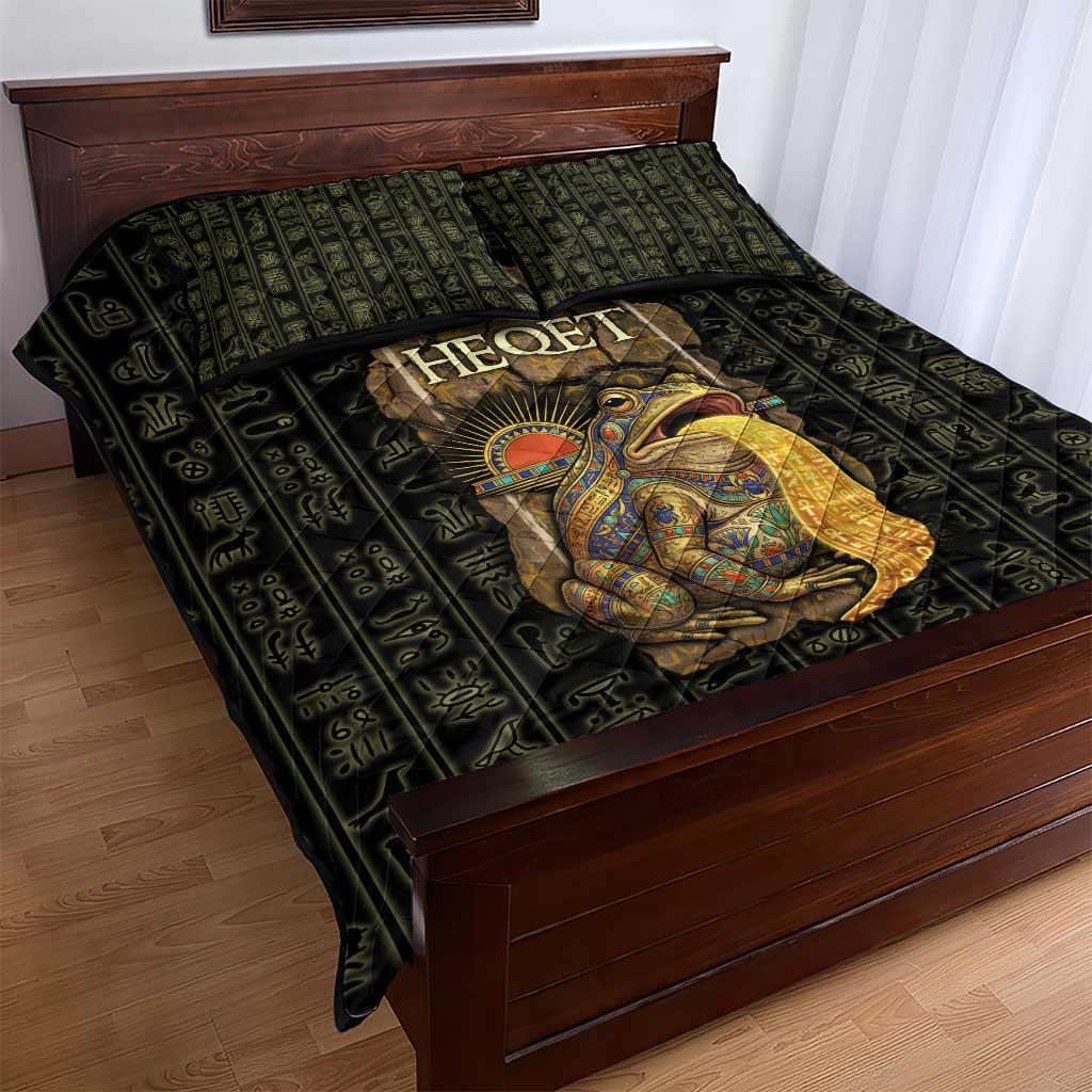 Heqet Ornate Frog Egyptian Quilt Bed Set with Hieroglyphic Backdrop in Creation Theme