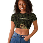 Heqet Ornate Frog Egyptian Raglan Cropped T shirt with Hieroglyphic Backdrop in Creation Theme
