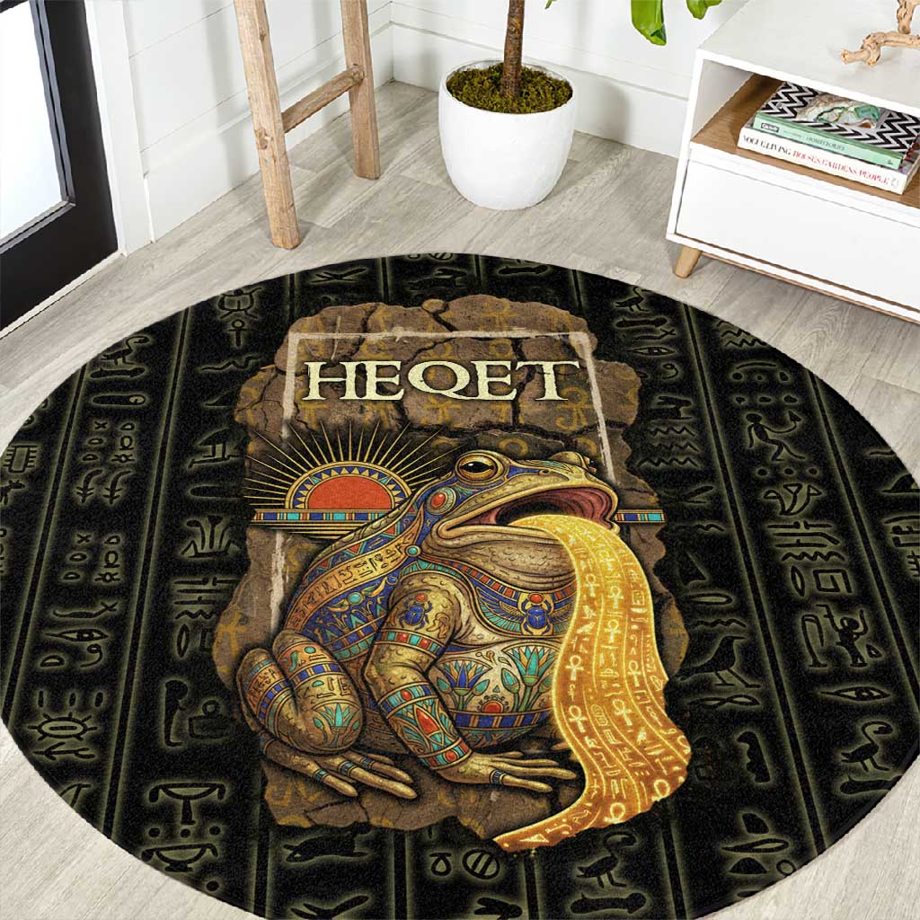 Heqet Ornate Frog Egyptian Round Carpet with Hieroglyphic Backdrop in Creation Theme