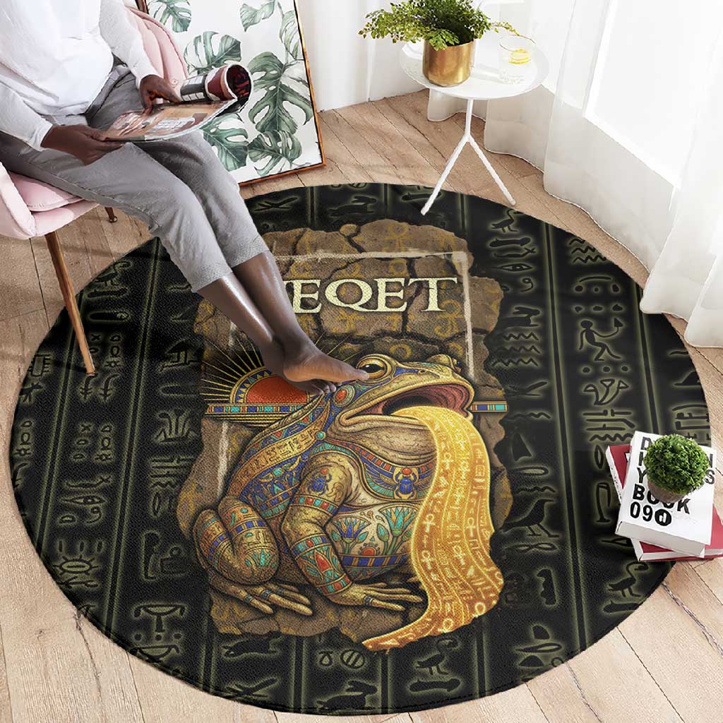 Heqet Ornate Frog Egyptian Round Carpet with Hieroglyphic Backdrop in Creation Theme