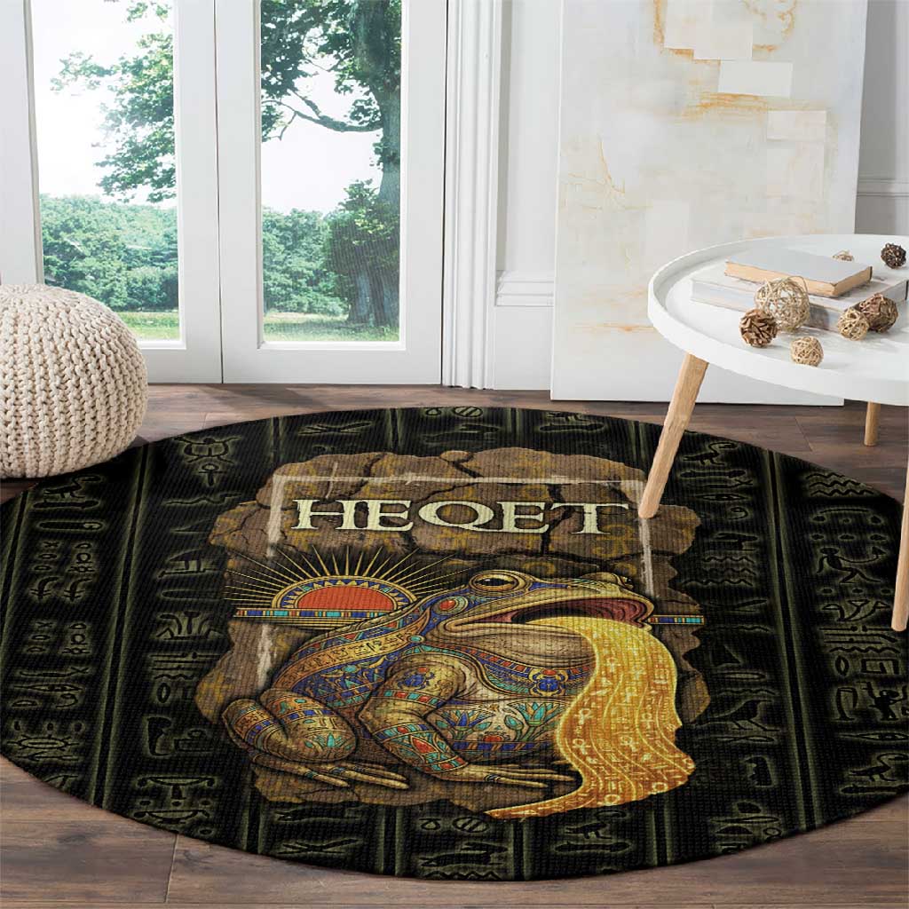 Heqet Ornate Frog Egyptian Round Carpet with Hieroglyphic Backdrop in Creation Theme