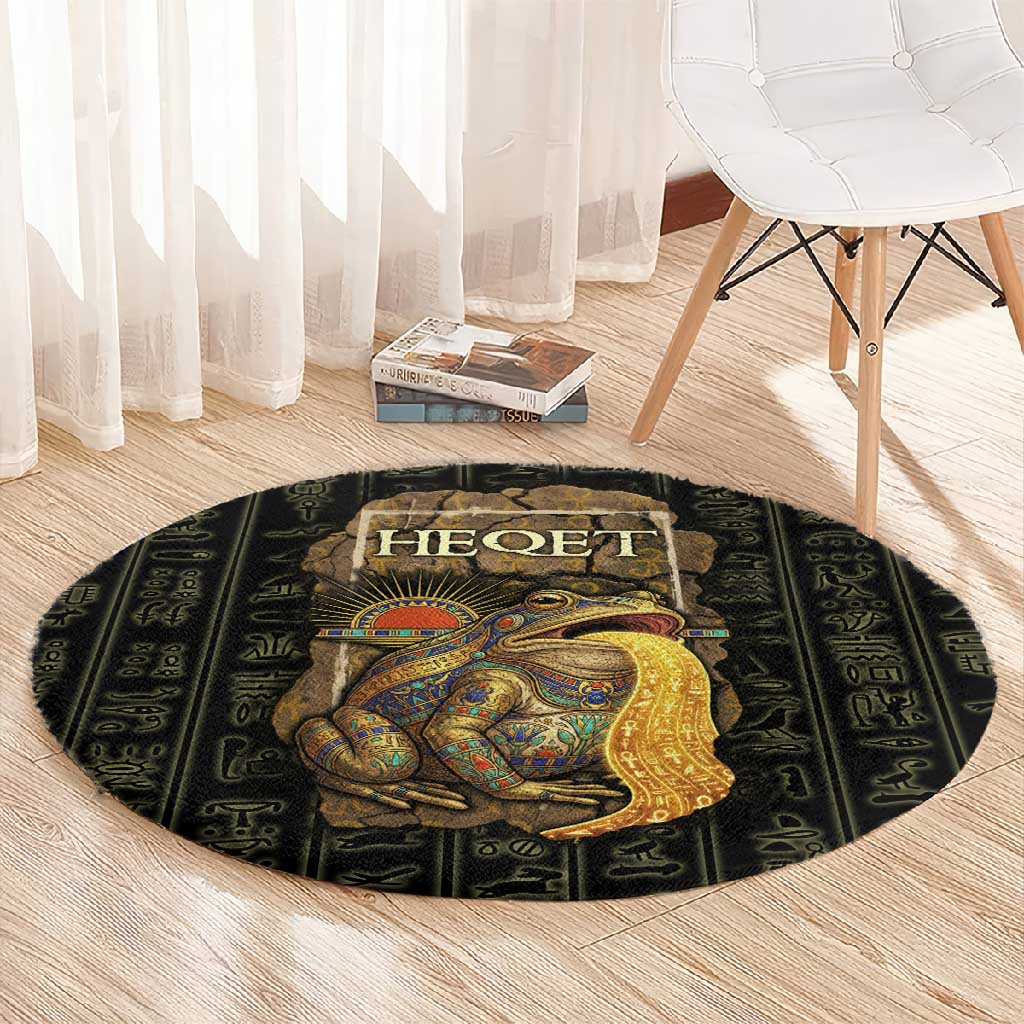 Heqet Ornate Frog Egyptian Round Carpet with Hieroglyphic Backdrop in Creation Theme