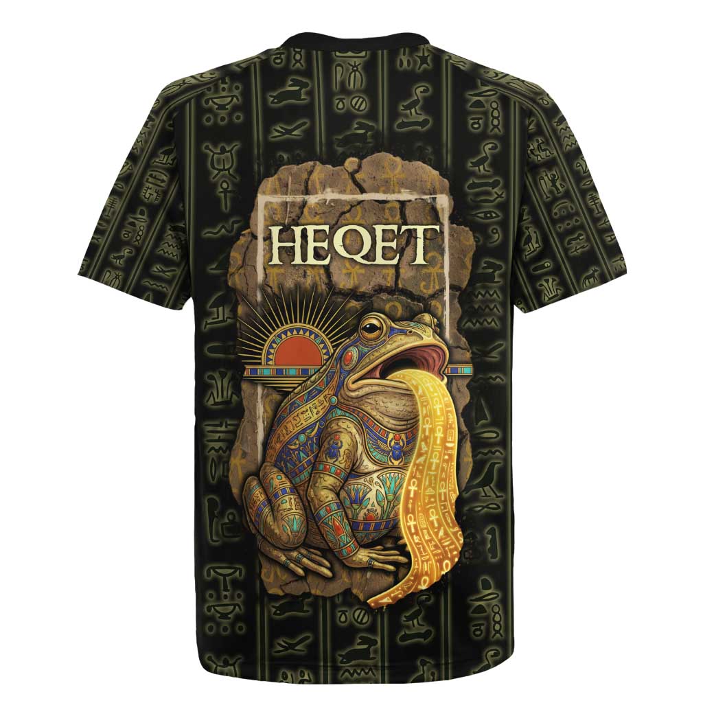Heqet Ornate Frog Egyptian Rugby Jersey with Hieroglyphic Backdrop in Creation Theme