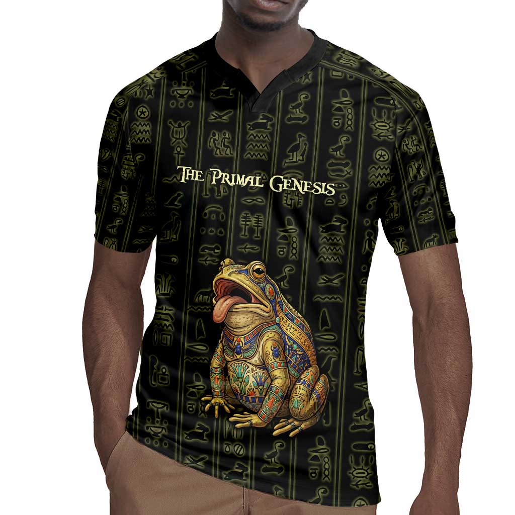 Heqet Ornate Frog Egyptian Rugby Jersey with Hieroglyphic Backdrop in Creation Theme
