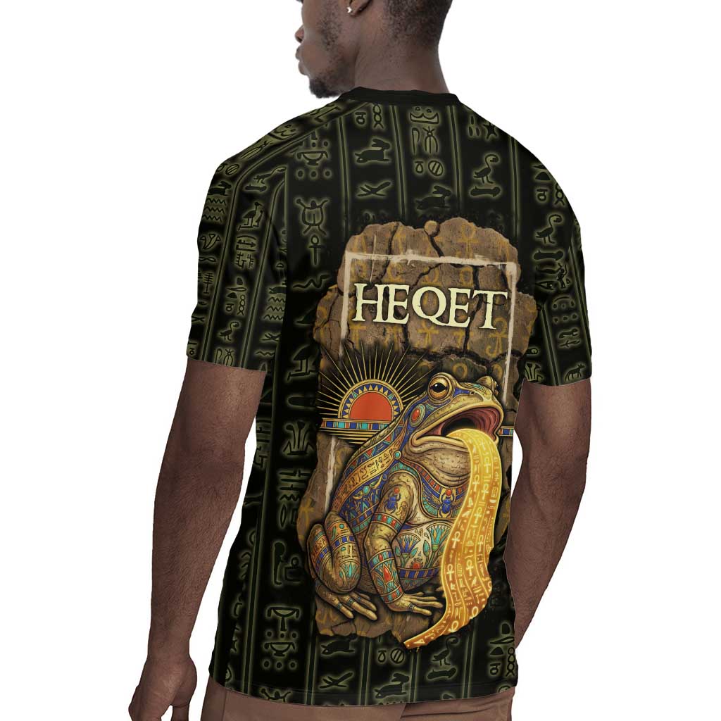 Heqet Ornate Frog Egyptian Rugby Jersey with Hieroglyphic Backdrop in Creation Theme