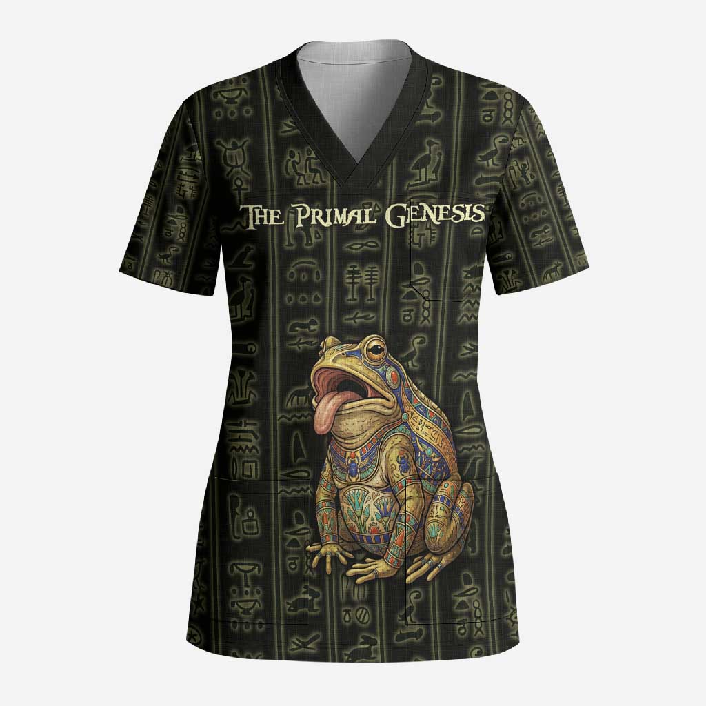 Heqet Ornate Frog Egyptian Scrub Top with Hieroglyphic Backdrop in Creation Theme