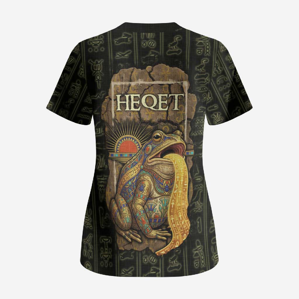 Heqet Ornate Frog Egyptian Scrub Top with Hieroglyphic Backdrop in Creation Theme