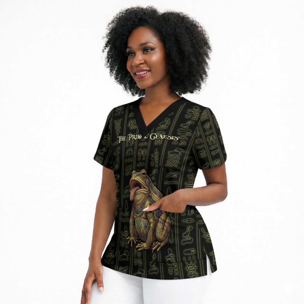 Heqet Ornate Frog Egyptian Scrub Top with Hieroglyphic Backdrop in Creation Theme