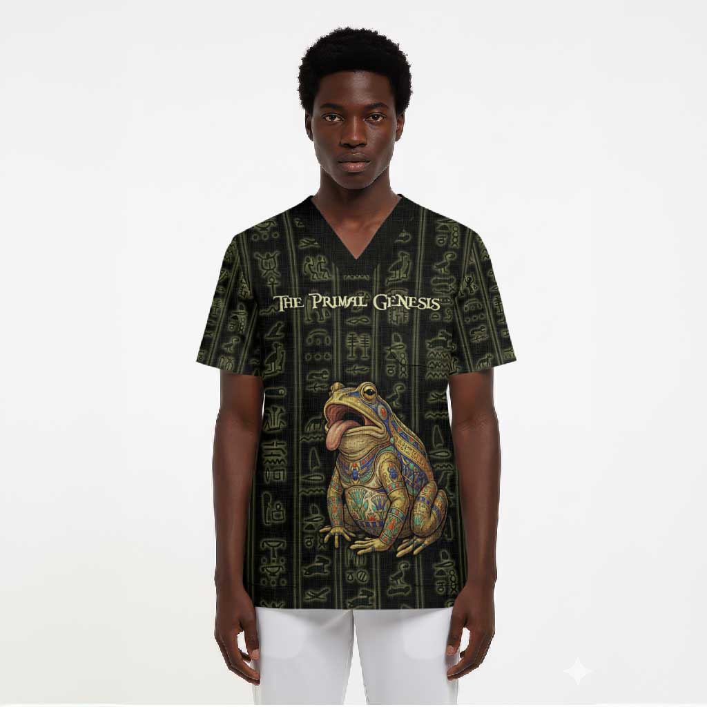 Heqet Ornate Frog Egyptian Scrub Top with Hieroglyphic Backdrop in Creation Theme