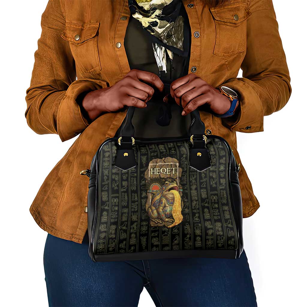 Heqet Ornate Frog Egyptian Shoulder Handbag with Hieroglyphic Backdrop in Creation Theme