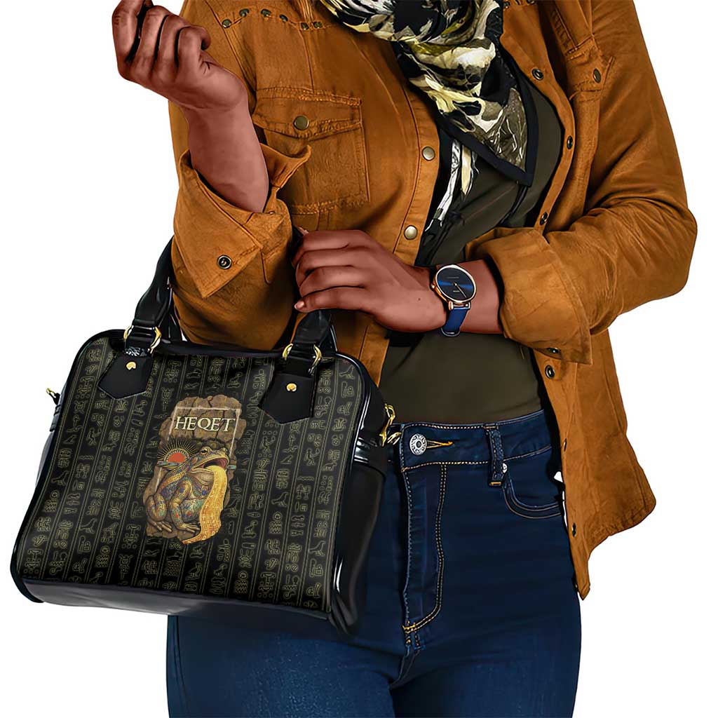 Heqet Ornate Frog Egyptian Shoulder Handbag with Hieroglyphic Backdrop in Creation Theme