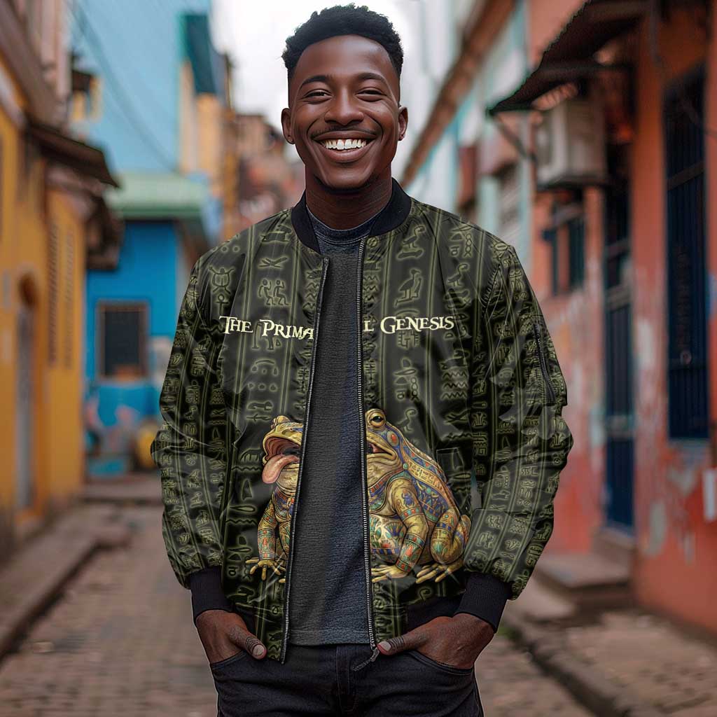 Heqet Ornate Frog Egyptian Sleeve Zip Bomber Jacket with Hieroglyphic Backdrop in Creation Theme