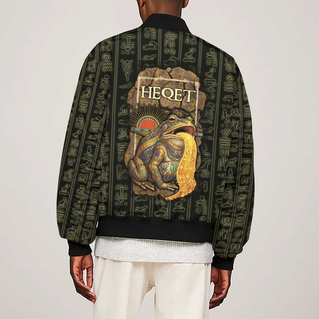 Heqet Ornate Frog Egyptian Sleeve Zip Bomber Jacket with Hieroglyphic Backdrop in Creation Theme