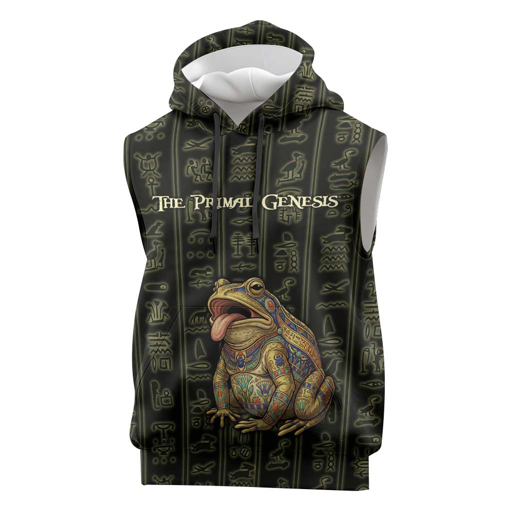 Heqet Ornate Frog Egyptian Sleeveless Hoodie with Hieroglyphic Backdrop in Creation Theme