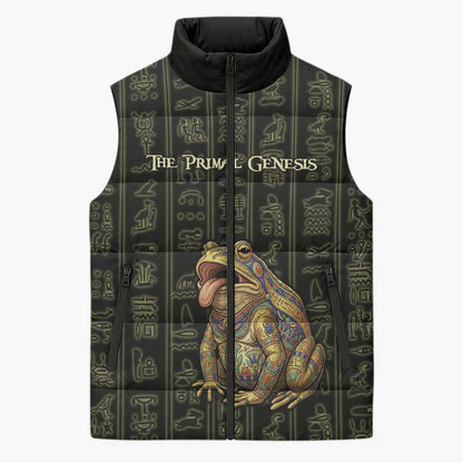 Heqet Ornate Frog Egyptian Sleeveless Puffer Jacket with Hieroglyphic Backdrop in Creation Theme