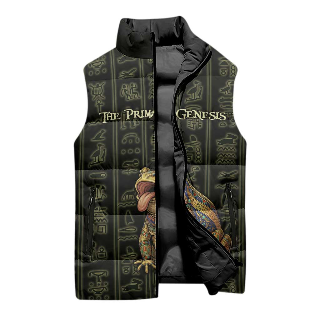 Heqet Ornate Frog Egyptian Sleeveless Puffer Jacket with Hieroglyphic Backdrop in Creation Theme
